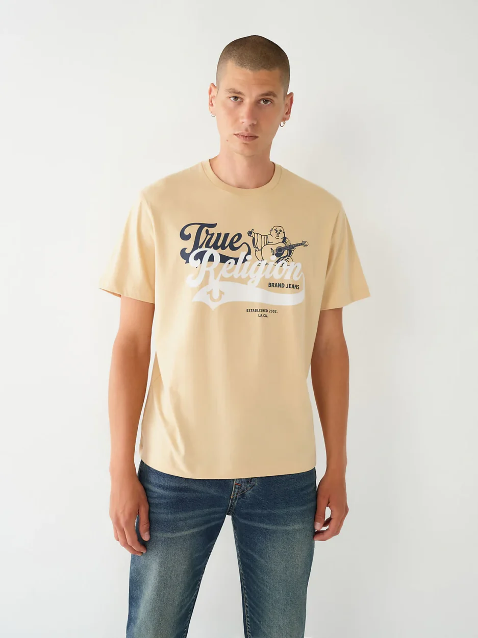 TRUE RELIGION MEN BEIGE PRINTED ROUND NECK TEE